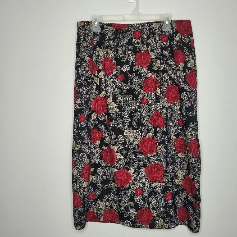 Vintage 90s black red rose floral print romantic vamp grunge skirt size 16p
